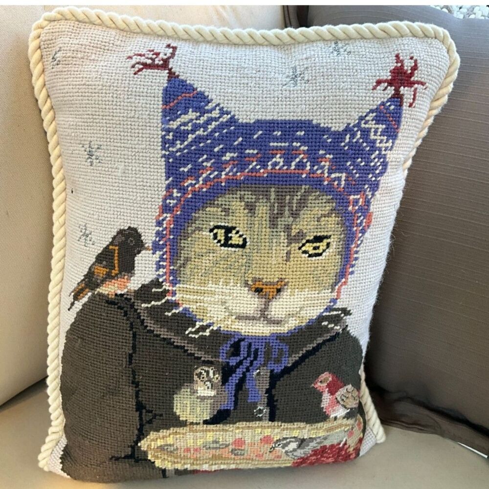 Absolute BEST vintage needlepoint pillow cat wearing a winter hat with birds